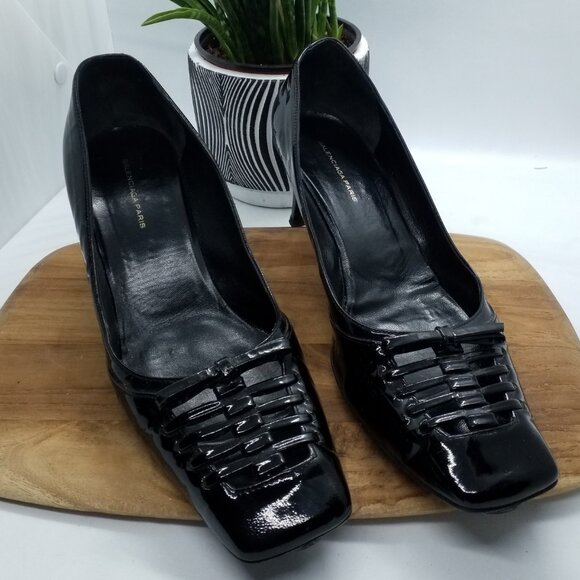 BALENCIAGA Vernice Vogue Size 7 Euro 37 Black Patent Kitten Heels - Picture 5 of 6